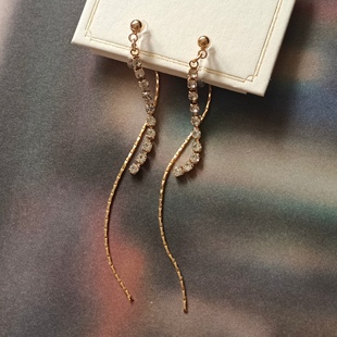 日系精致小细巧耳线前后金色流苏水钻耳钉环无耳洞树脂u型耳夹女
