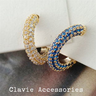 日系轻奢质感blingbling蓝色满钻圆圈耳环耳钉无耳洞耳夹树脂u型