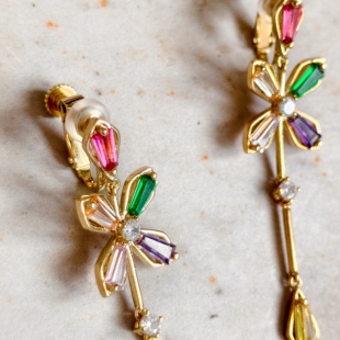 原创独家设计高级七彩多彩色花瓣长款耳钉耳环无耳洞螺旋螺丝耳夹