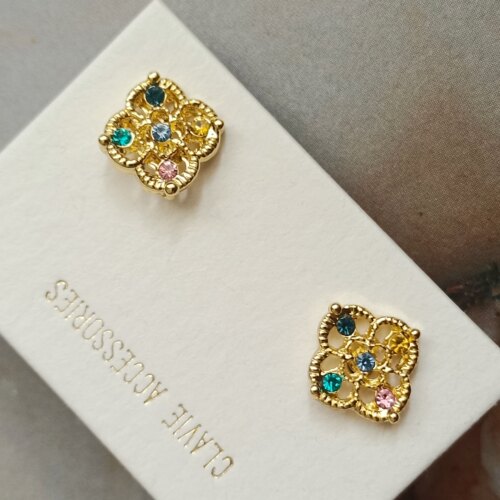 日系菱形方形镂空雕花彩钻小巧迷你耳钉耳环无耳洞耳夹女树脂u型