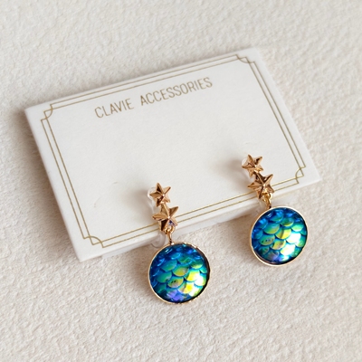 日系星星可爱蓝紫七彩色仿人鱼鳞树脂u型透明耳夹无耳洞儿童耳饰