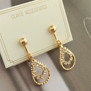 通勤OL气质简单简约复古水滴形水钻短吊坠玫瑰金色无耳洞螺丝耳夹