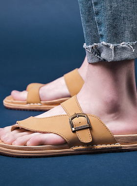 真皮人字拖男潮防滑防水拖鞋男夹脚沙滩开车拖鞋外穿软底男士凉拖