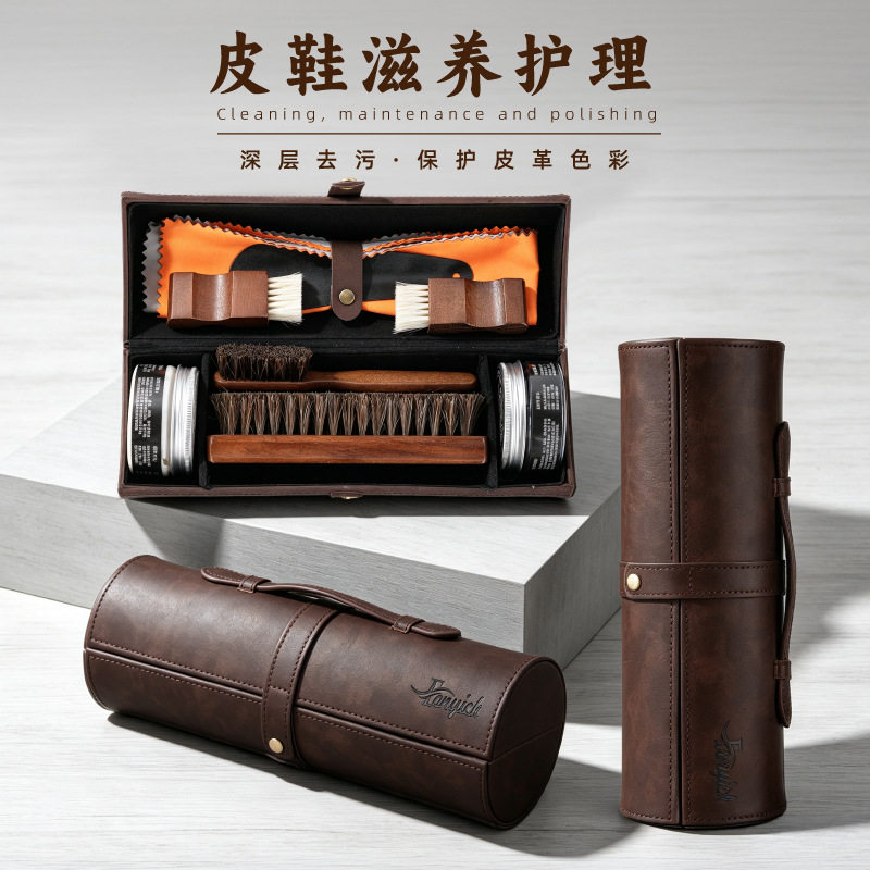 厂家现货大号咖啡色鞋油鞋刷套装鞋拔鞋擦工具黑色绵羊油马鬃毛刷