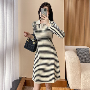 广州十三行女装秋冬季新款条纹修身显瘦气质打底毛衣针织连衣裙女