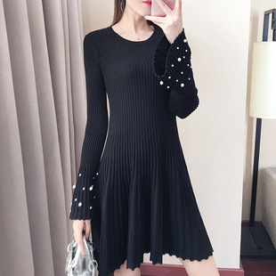 韩版女装2024秋冬季纯色长袖打底毛衣女喇叭袖针织A字连衣裙百搭