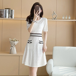 小香风冰丝针织连衣裙女夏季广州十三行新款白色短袖高腰A字裙子