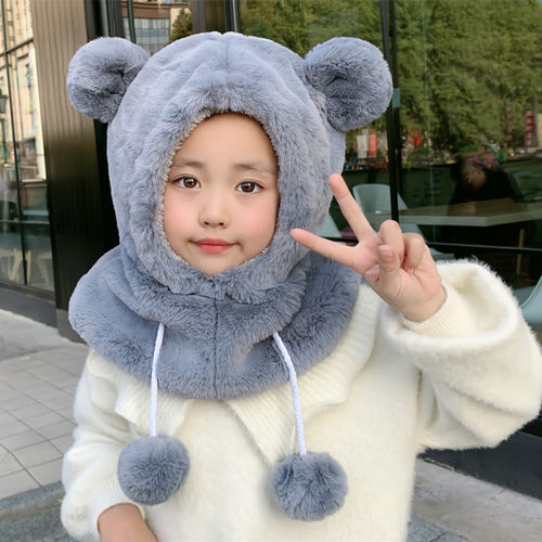 宝宝帽子围巾一体套装冬季加厚儿童连帽围脖男童女童护耳帽加绒潮