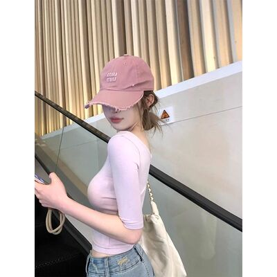 超手感莫代尔棉纯欲紫色低领短袖T恤女辣妹性感修身显瘦短款上衣