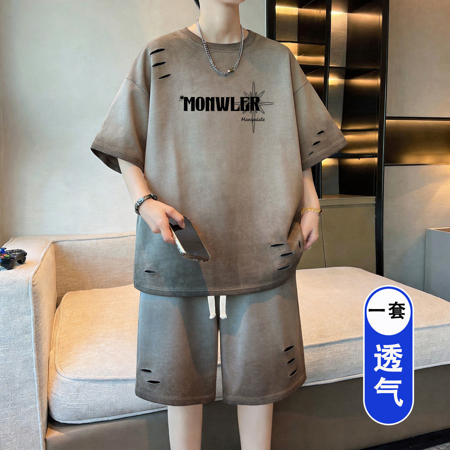 青少年夏季破洞短袖t恤胖男孩初中学生纯棉半袖大童体恤套装男装