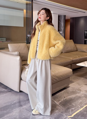 海宁羊羔毛皮草复合皮毛一体外套颗粒羊剪绒大衣女冬短款夹克2025