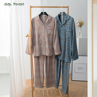 出口日本!秋冬加厚双层磨毛纯棉绒布睡衣套装格纹全棉长袖家居服