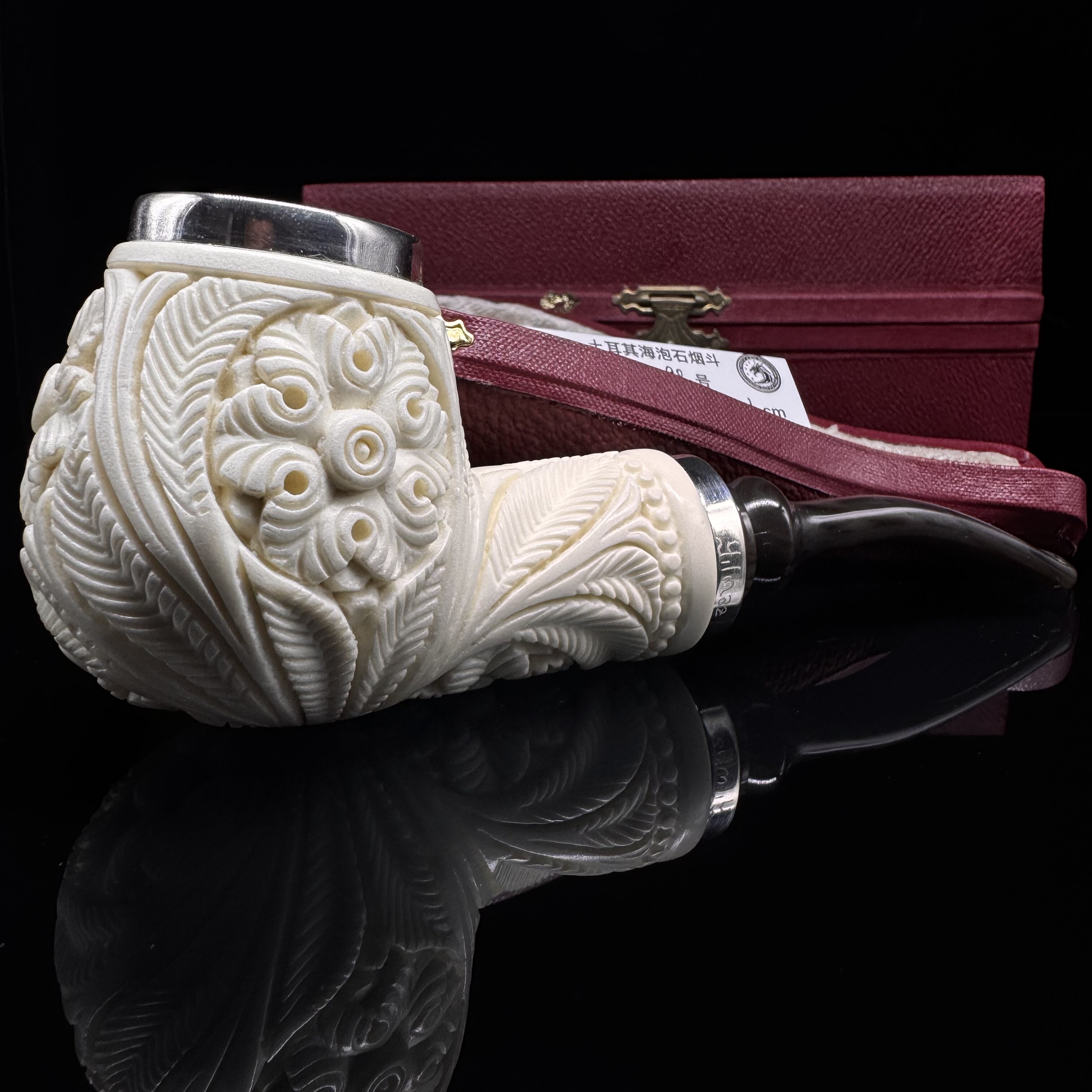 海泡石烟斗双银满雕花篮空腔大气室2098雪花料大师手工雕刻签名