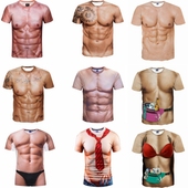 假肌肉腹肌搞笑整蛊短T恤年会服装 男cosplay假腹胸肌表演道具衣服