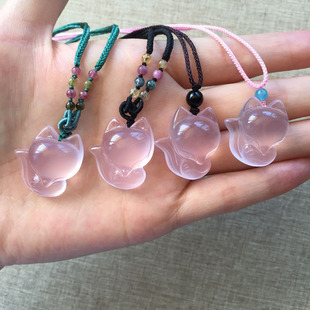 正品天然星光粉晶狐狸吊坠 锁骨链项链 招桃花闺蜜石粉水晶女饰品