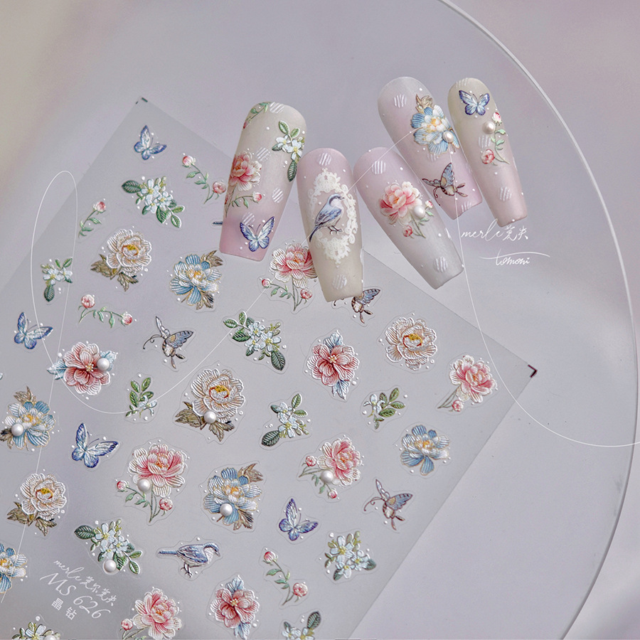 国风刺绣花卉珍珠立体美甲贴画装饰背胶指甲文具电脑相机手账贴纸图片