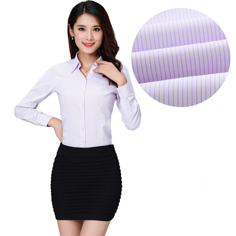 女士白底紫色条纹长袖衬衫银行职业装工作服免烫V领修身工装衬衣