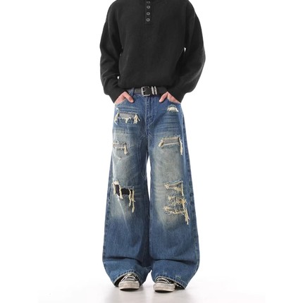 24巴黎风格复古街头微喇破坏流苏猫须水洗做旧牛仔裤拖地裤