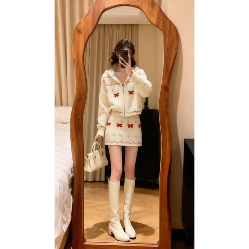 三根绵羊绒甜美蝴蝶结雪花针织开衫女慵懒风拉链两件套新款