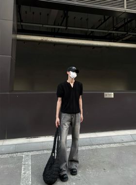 布老哥Blog美式复古水洗雾霾灰牛仔裤clf显高微喇修身裤子潮K709