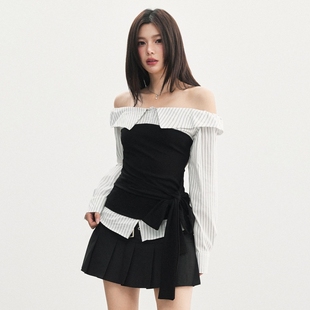 设计感小众修身 绑带拼接一字肩长袖 新款 女秋季 假两件上衣 条纹衬衫