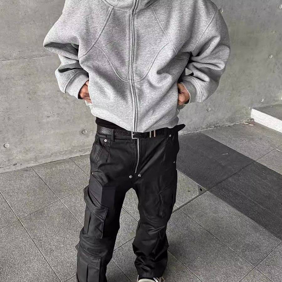 来自街头解构拼接重磅480g弯刀裁剪连帽Boxy通勤短宽开衫卫衣帽衫