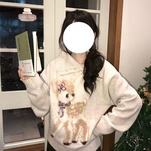 超仙绝美圣诞节小鹿提花翻领针织衫 宽松学院风蝴蝶结毛衣上衣 冬季