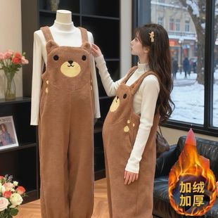 孕妇裤子可爱小熊加绒加厚背带裤女冬季新款羊羔毛慵懒风连体裤潮