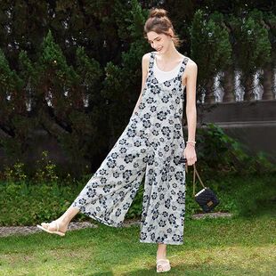 慵懒风背带式连体裤女夏装新款时尚宽松碎花吊带裤休闲阔腿裙裤潮