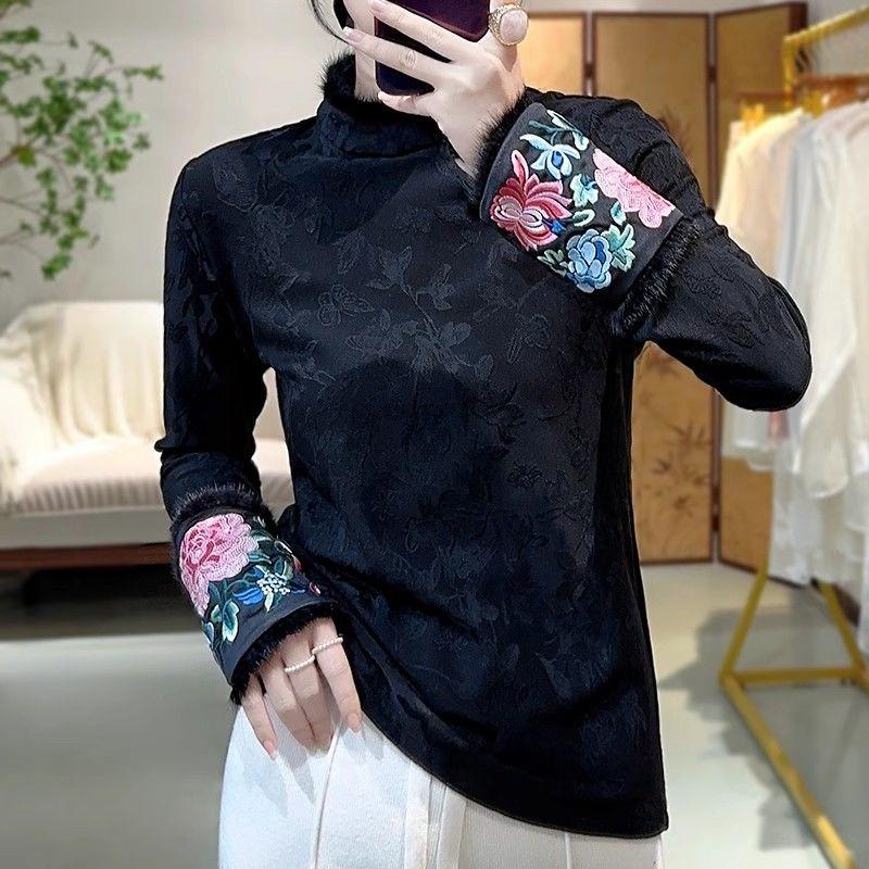 国风秋冬刺绣毛边半高领长袖T恤