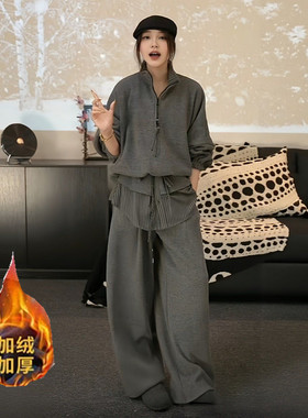 韩版加绒加厚随性套装女2026春季大码胖MM假两件裤子+上衣两件套