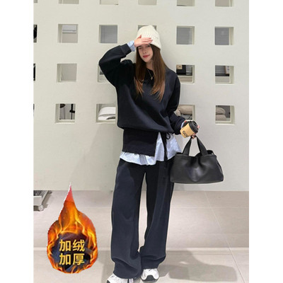 秋冬韩系慵懒风休闲加绒加厚套装女假两件上衣格子屁帘卫裤两件套
