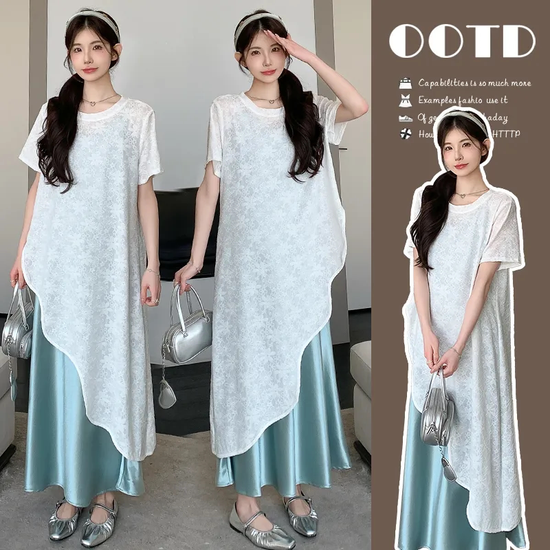 夏季新款时尚气质纯色套装吊带连衣裙不规则宽松蕾丝罩衫两件套潮