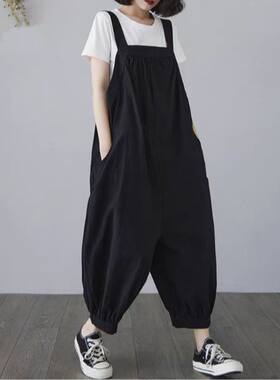 新款复古时尚连体裤背带九分裤宽松夏季文艺大码女装休闲哈伦裤潮