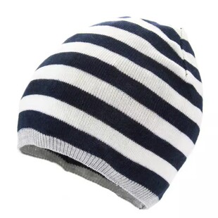 欧美儿童帽子秋冬季男童单层薄款针织帽棉质套头帽条纹宝宝毛线帽