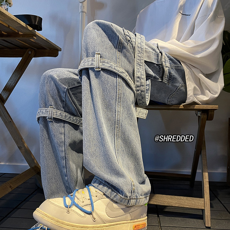 水洗复古飘带工装牛仔裤直筒宽松美式高街长裤K5391-P75控88B315,男装牛仔裤,电商B315