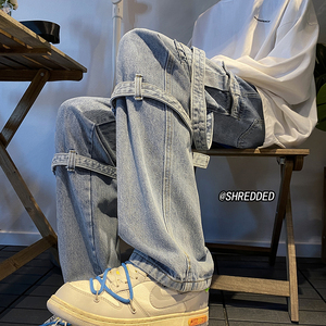 水洗复古飘带工装牛仔裤直筒宽松美式高街长裤K5391-P75控88 B315图片