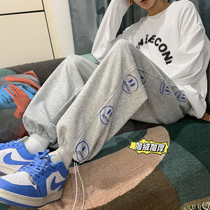 冬港风加绒加厚卫裤男青少年卡通笑脸运动裤男 K3681 P55控价68图片