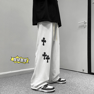 冬季港风高街男士加绒加厚十字架印花拖地卫裤K3663J P55控68图片