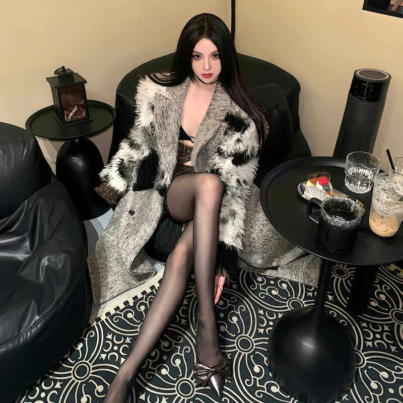 灰拼毛大衣外套女秋冬气质重磅皮草毛毛高级感小众长呢子加厚长款