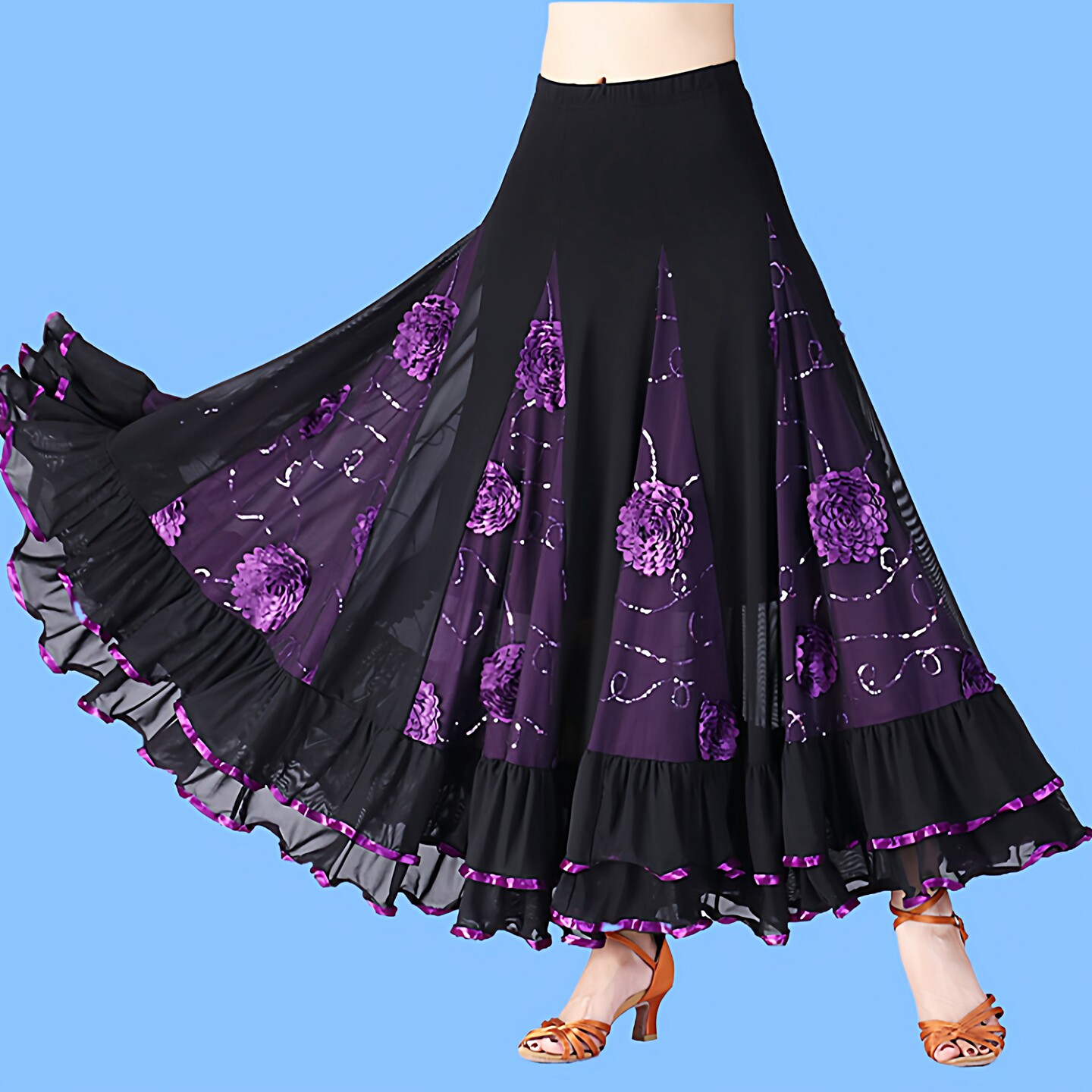 广场舞半身裙高腰大摆裙春夏款显瘦国标交谊舞跳舞裙舞蹈紫色长裙