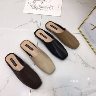 半拖鞋 棕色方头懒人拖平跟舒适包头外穿穆勒鞋 女 韩版 2023年春季