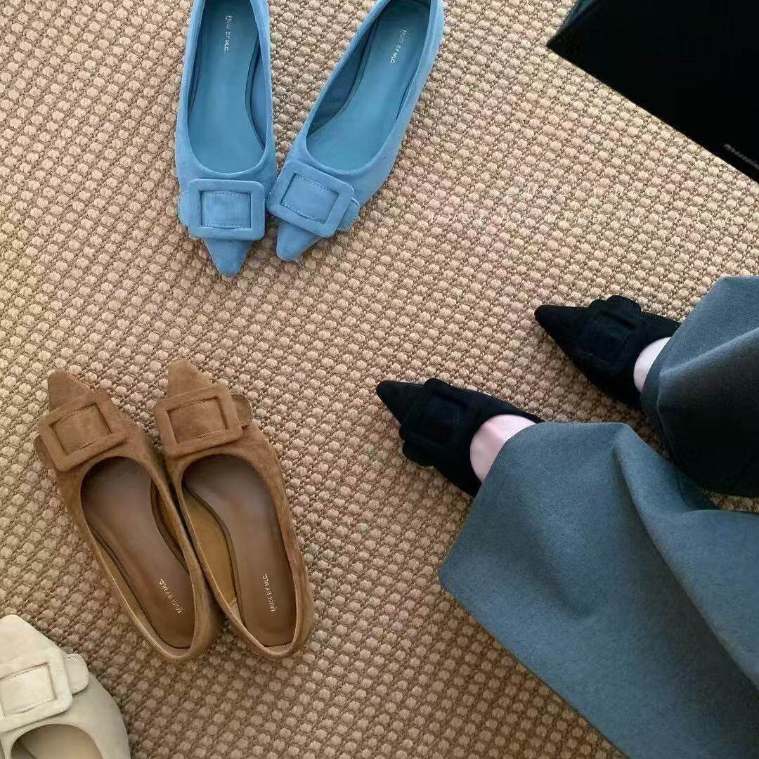 法式内增高气质尖头方扣浅口单鞋女鞋子百搭绒面通勤奶奶鞋瓢鞋