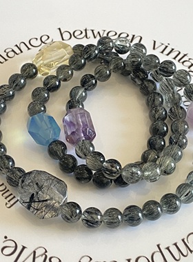 天然黑发晶魔鬼蓝海蓝宝手串巴西黄水晶紫水晶半盆紫兔毛多圈