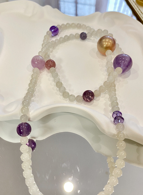 【宇宙来信】一物一拍天然紫水晶烟紫和田玉手串手链多圈多宝手链