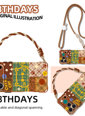 适用苹果17promax手机壳原创拼接格纹猫咪16plus挂绳斜挎15镜头全包华为pura80高级复古13红时尚秋冬小米15