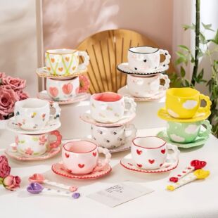 陶瓷创意手绘小清新杯碟牛奶早餐马克杯家用咖啡杯可爱家用送礼