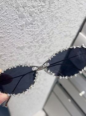 赵露思同款金属猫眼墨镜女高级感水钻装饰太阳镜素颜平光镜