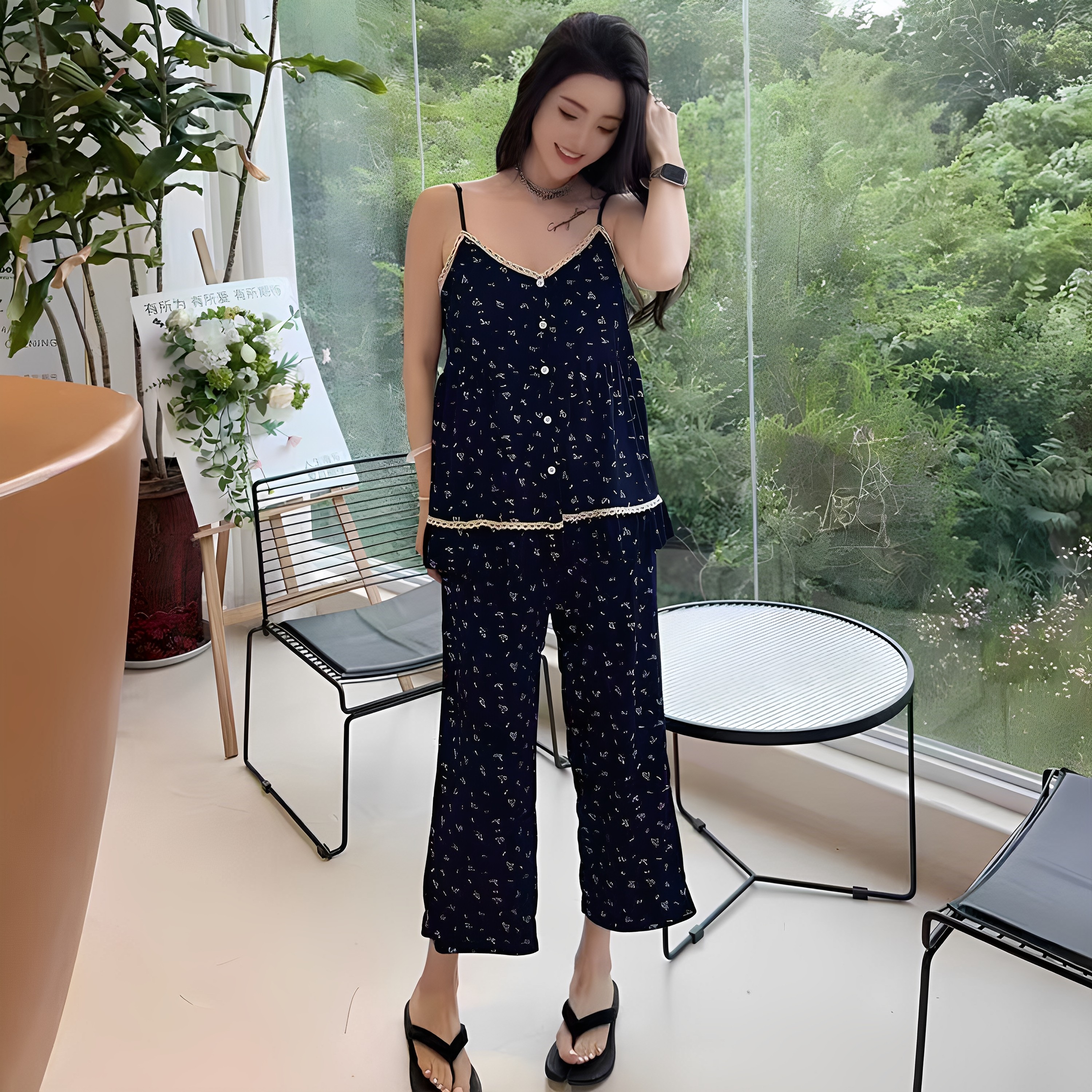 三件套睡衣女款韩版碎花带胸垫吊带短裤长裤夏季大码家居服可外穿