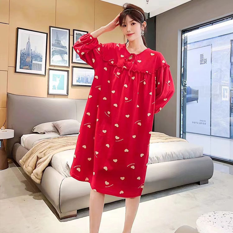 红色睡裙女士秋冬纯棉长袖本命年中长款春秋韩版全棉新婚睡衣裙子